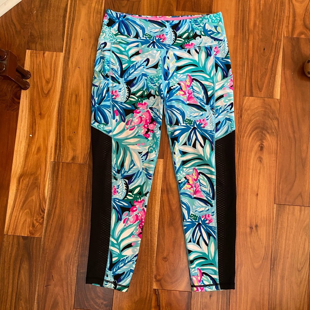 Lilly Pulitzer Blue and Pink Black Tight Mesh Tropical Leggings